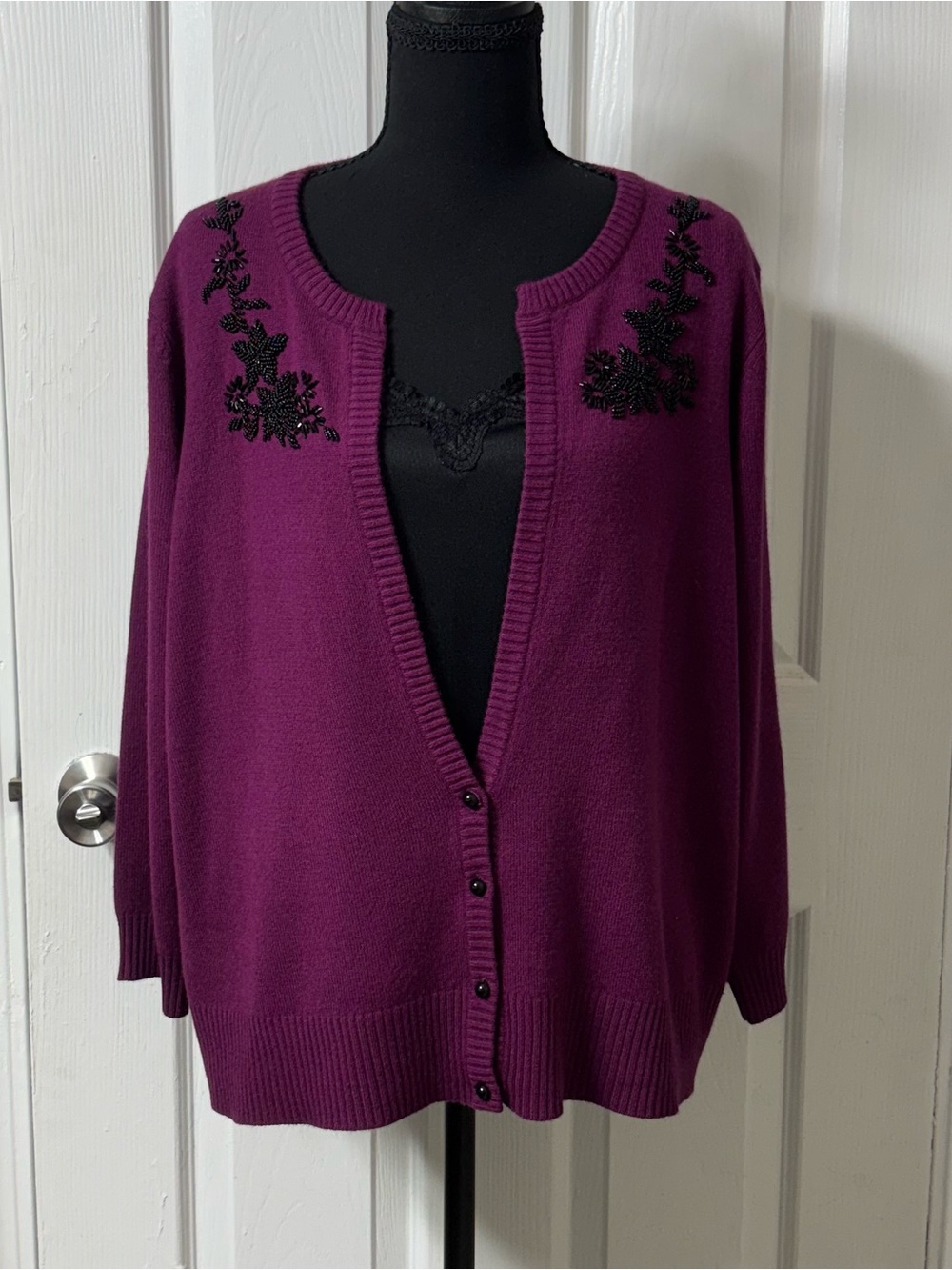 Covington Plum Cardigan with Black Floral Beadwork